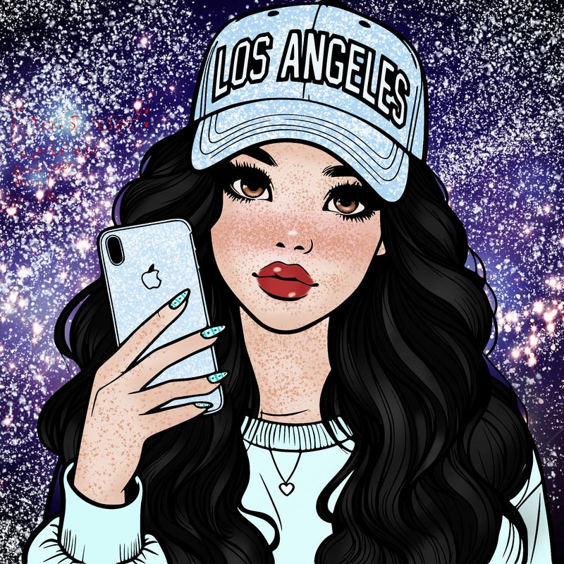 realistic beautiful girl wearing los ángeles cap holding an iphone