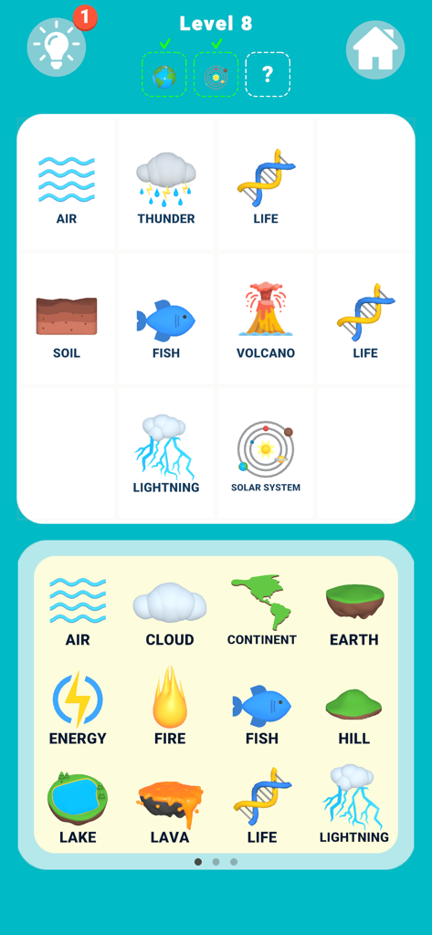 Elements Merge - Gameplay screen of Elements Merge showing a puzzle grid with icons of air thunder life fire and water for player discovery