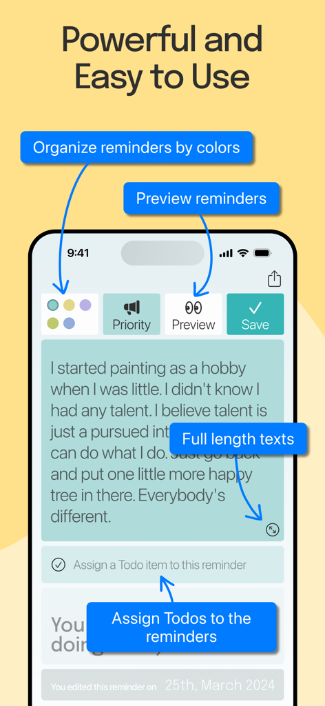 Yapp Random Reminders - Yappアプリ画面には、色分けされたリマインダー、長文テキスト、ToDoリスト連携などの機能が表示されています。
