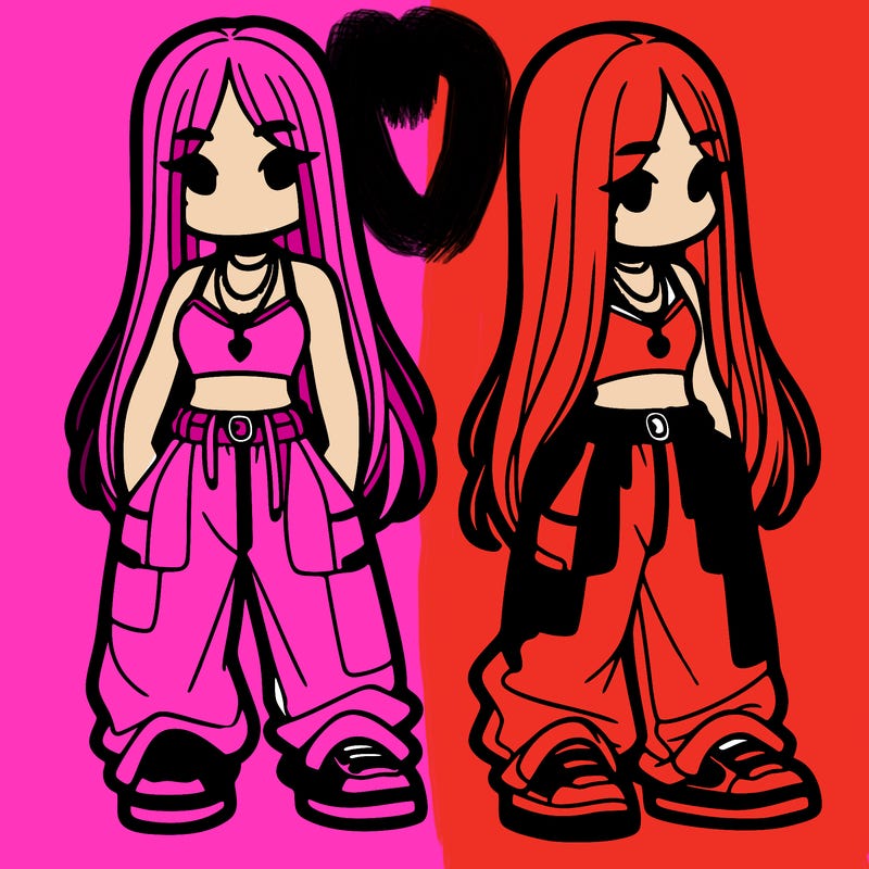 girl in baggy pants crop top and long hair