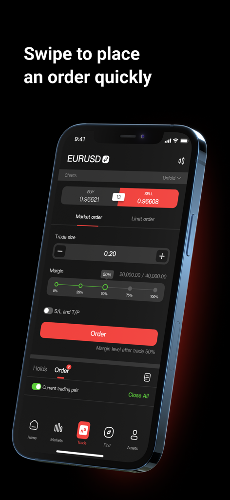 EC Markets mobile app interface for placing quick trading orders on EURUSD