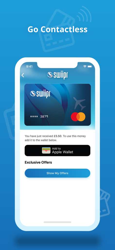 Swiipr - Swiipr app screen showing a digital card and the option to add funds to Apple Wallet