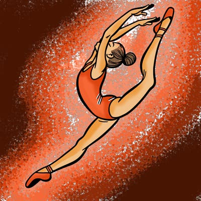 gymnast doing a leap in a leotard with a bent back leg