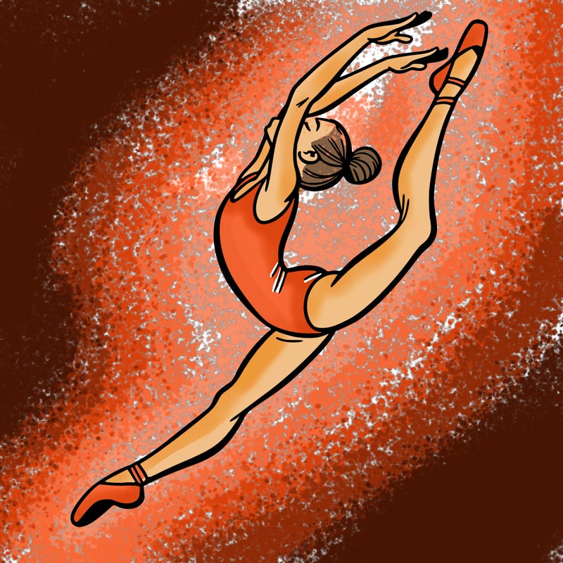gymnast doing a leap in a leotard with a bent back leg