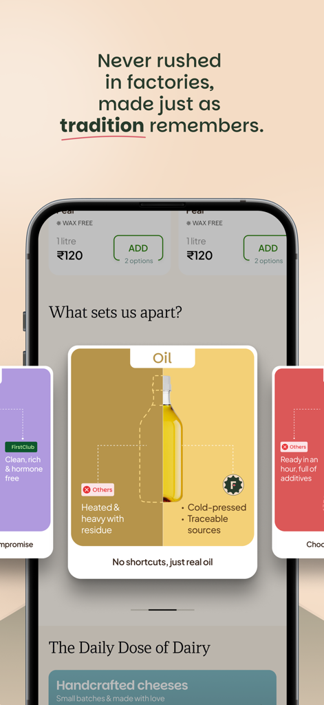 FirstClub: Quality in minutes - 전통적인 냉압착 오일과 공장제 대안의 품질 차이를 강조하는 FirstClub 앱 화면.