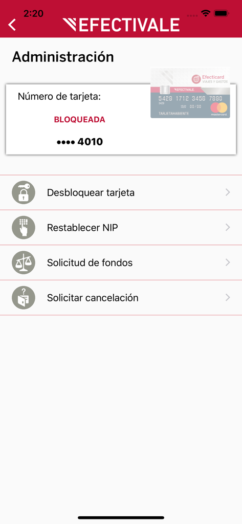 Efectivale Móvil - Pantalla de administración de la aplicación Efectivale Movil con opciones para desbloquear una tarjeta y restablecer su PIN.