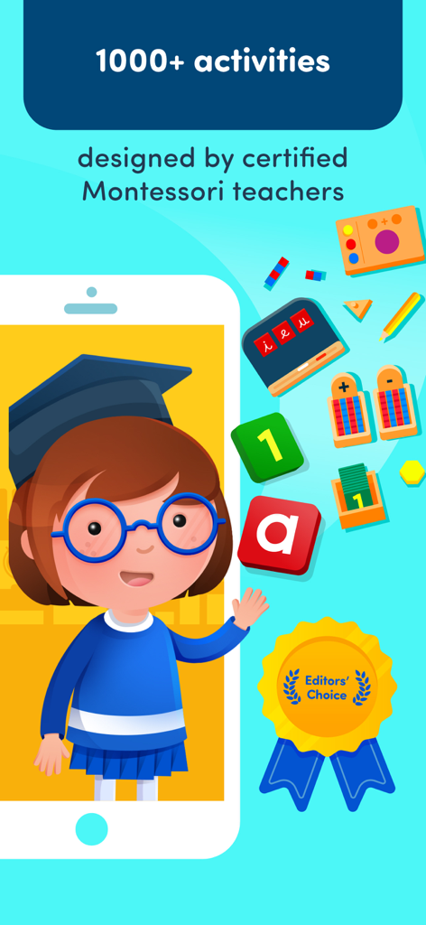 Montessori Preschool app screen showing over 1000 activities designed by certified teachers with an Editors Choice seal