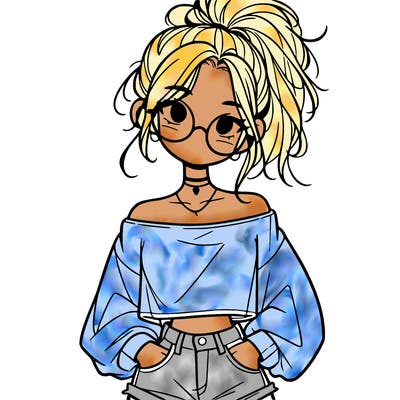 girl with a messy ponytail glasses a baggy crop top and jean shorts