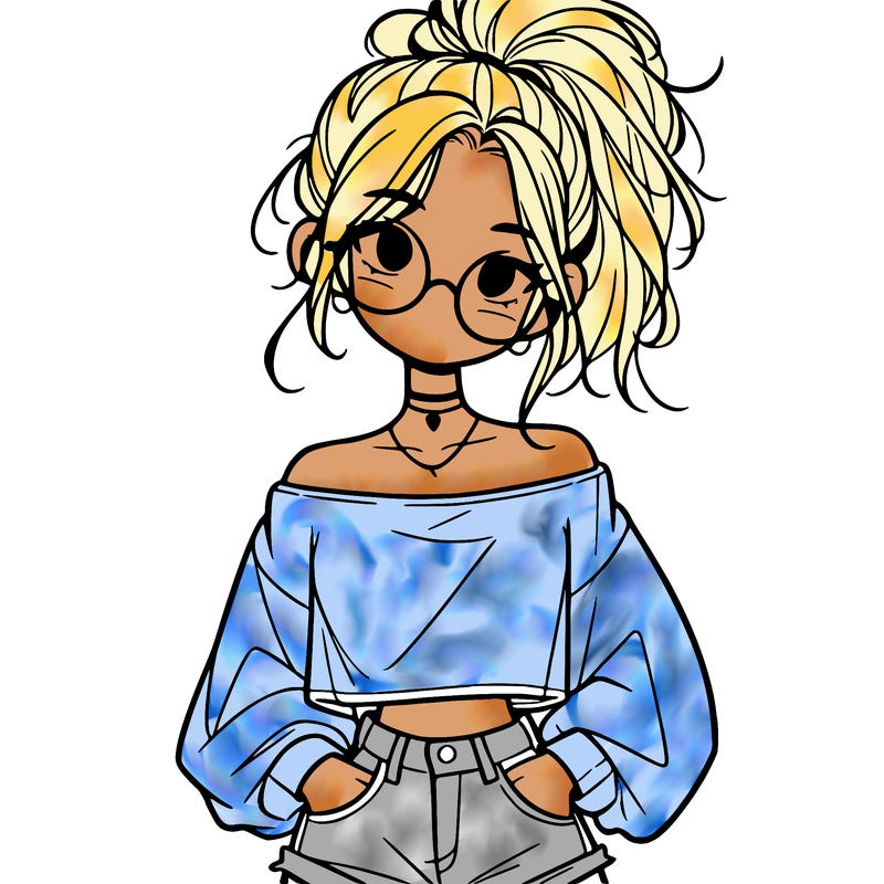 girl with a messy ponytail glasses a baggy crop top and jean shorts