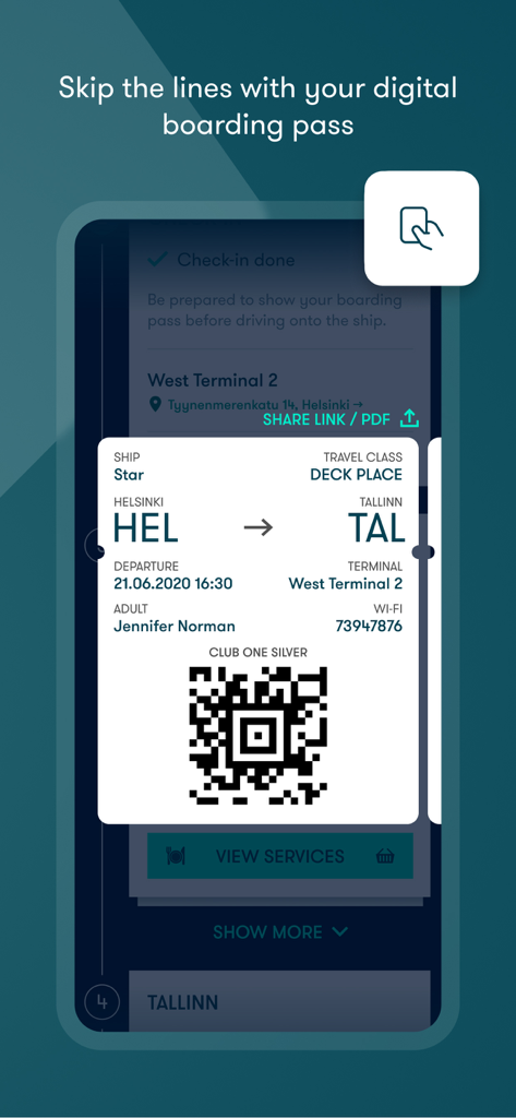A smartphone screen displaying a digital ferry boarding pass from Helsinki to Tallinn with a QR code.