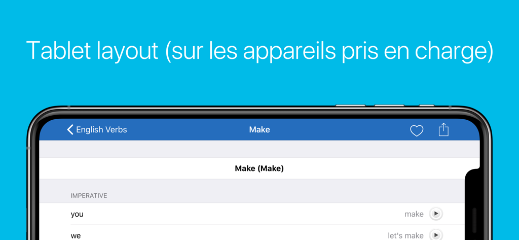 French Verb Conjugator app showing the tablet landscape layout with verb conjugation details and audio play buttons.