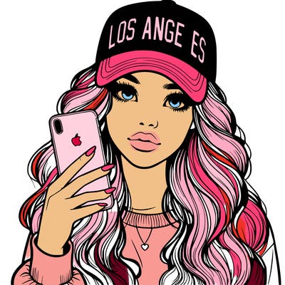 realistic beautiful girl wearing los ángeles cap holding an iphone