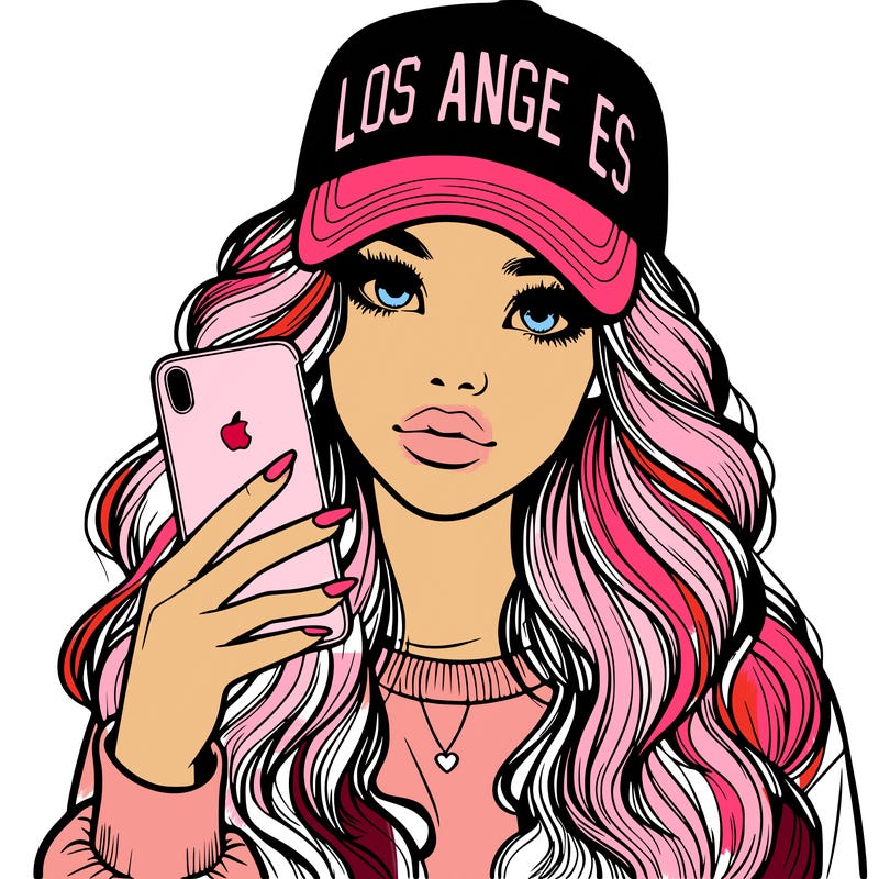 realistic beautiful girl wearing los ángeles cap holding an iphone