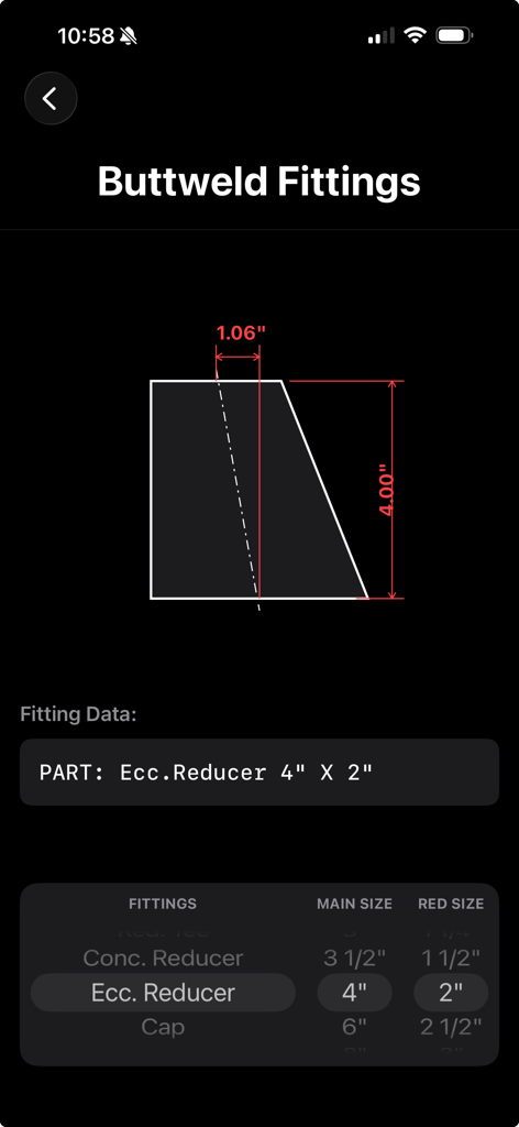 配管継手選定アプリの偏心レジューサーの寸法図と仕様