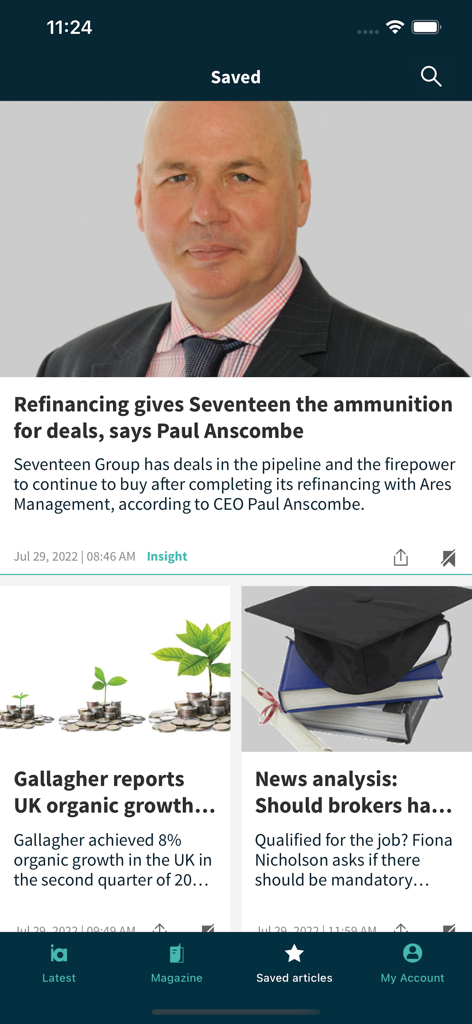 Insurance Age - Insurance Age mobile app showing a list of saved professional insurance news articles and industry insights