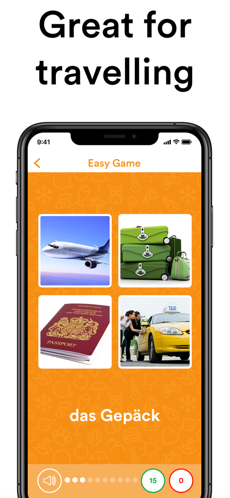 uTalk app interface showing a travel themed language game for learning German words like Gepack with images of suitcases and taxis