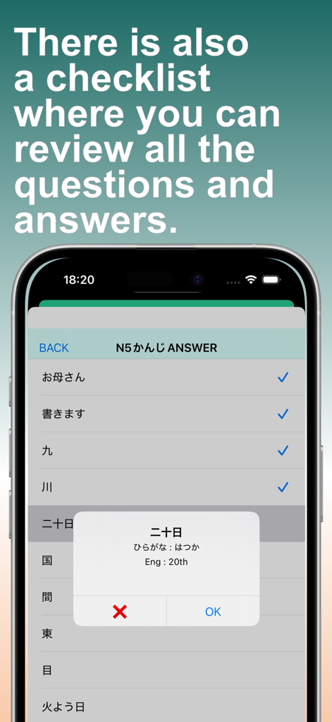 JLPT Test N5 Kanji Lite - Schermata della checklist di revisione dei kanji JLPT N5 giapponesi che mostra i kanji con le traduzioni in inglese