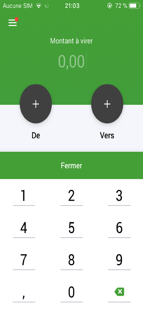 Mobile screen of the BNAtic app for entering a transfer amount with a numeric keypad.