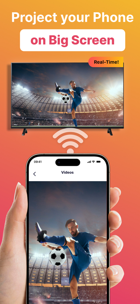 Projector: All TV Remote App - Pantalla de un teléfono inteligente transmitiendo un video de fútbol a un televisor inteligente grande en tiempo real