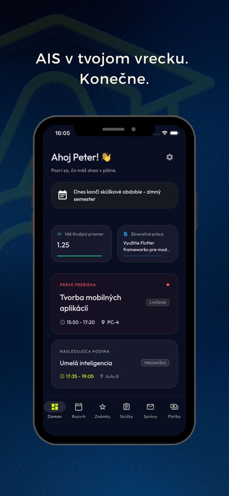 Tela inicial do aplicativo móvel Ajsik mostrando um painel do aluno com média atual e próximas aulas universitárias e alertas de período de exames