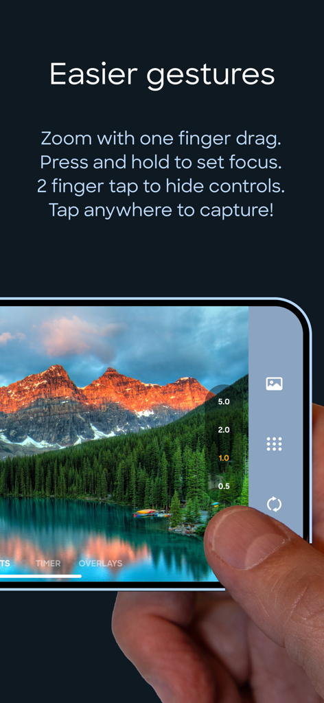 A person using one finger to control zoom and capture a photo on the TapShot sports camera app interface