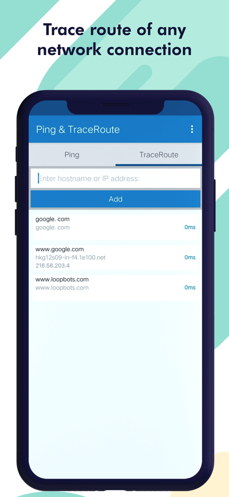 Screenshot der Traceroute-Funktion in der Ping and Trace Route App, die die Verfolgung mehrerer Netzwerkverbindungen zeigt.