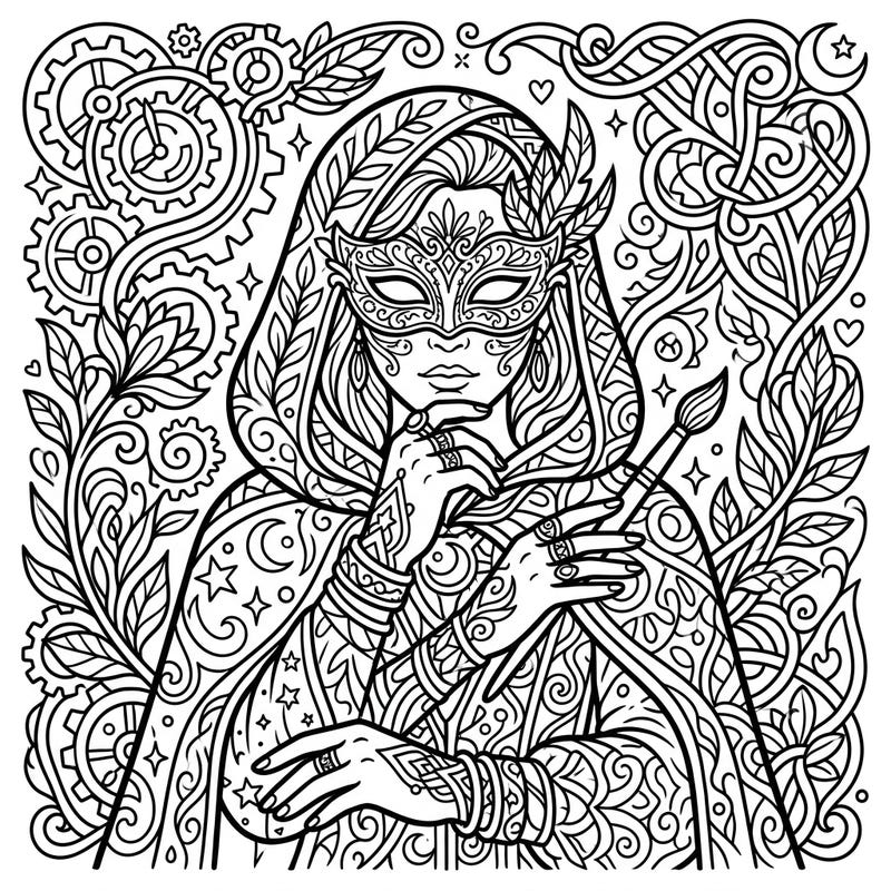 Dive into a world of mystery and creativity with this captivating disguised self-portrait coloring page. This intricate line art features a masked figure holding a paintbrush, inviting you to explore new identities through color.