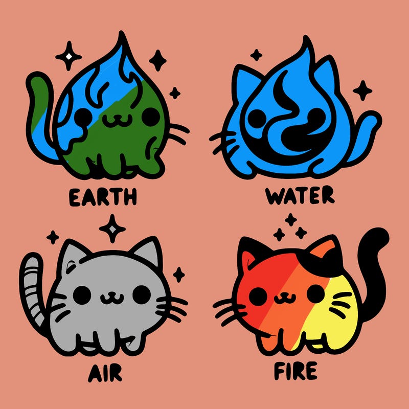 4 cats that represent the different elements, earth, water, air, and fire