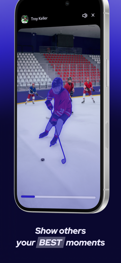 A mobile screenshot of the GRAET app showing a youth hockey player highlight video with the text Show others your BEST moments.