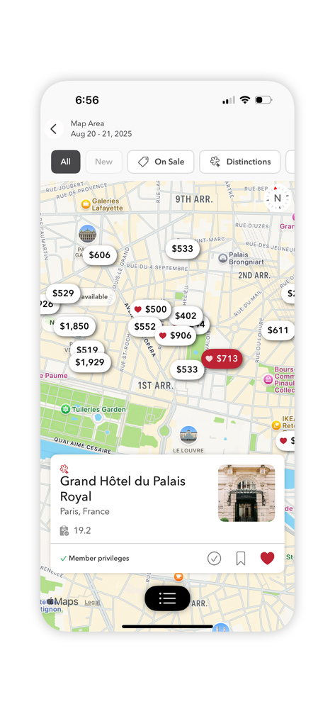 The MICHELIN Guide - Vista de mapa en la aplicación La Guía MICHELIN mostrando precios y ubicaciones de hoteles de lujo en París.