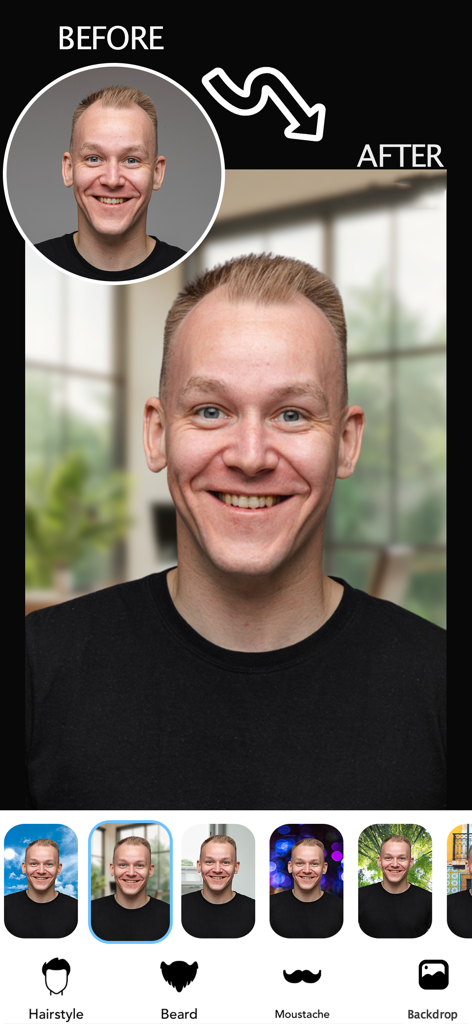 HairStyle Makeover Changer App - Comparación de antes y después mostrando a un hombre usando el generador de retratos con IA para cambiar el fondo de su foto.