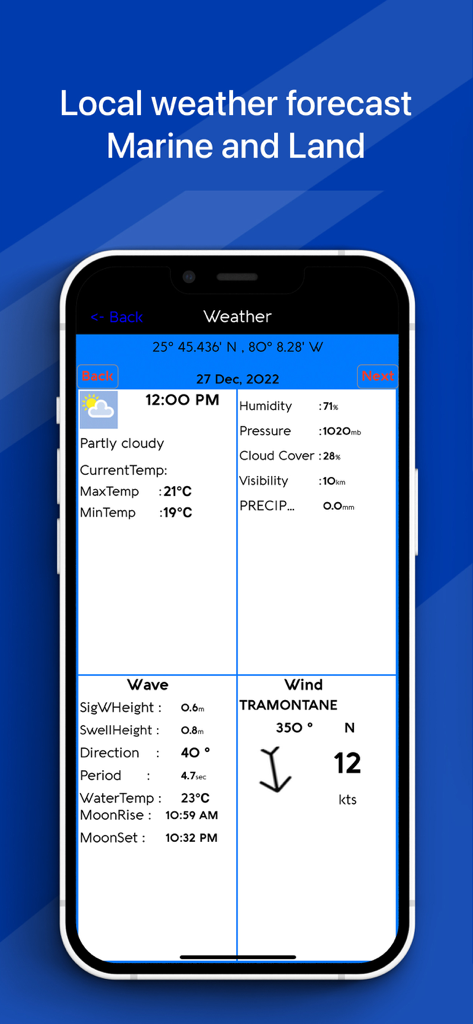 Flytomap All in One HD Charts - Local marine and land weather forecast screen in the Flytomap app