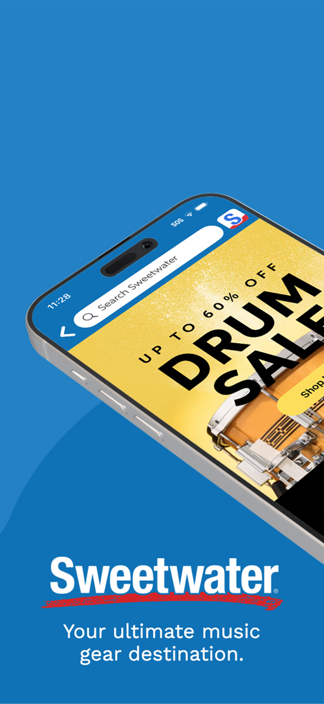 Sweetwater Music & Audio Gear - Sweetwater app interface on a smartphone displaying a drum sale banner and the slogan your ultimate music gear destination