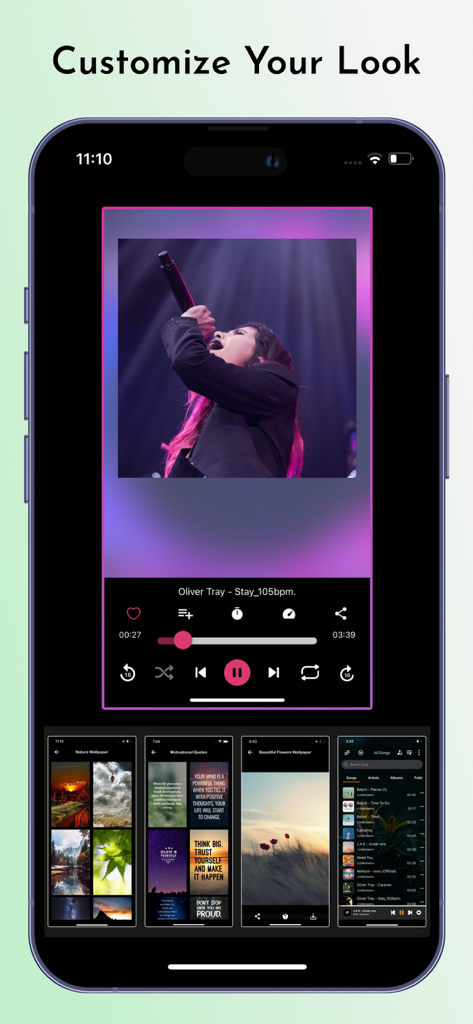 Offline MP3 Music Player - Captura de pantalla del Reproductor de Música MP3 sin Conexión que muestra temas de fondo y fondos de pantalla personalizables para la interfaz del reproductor.
