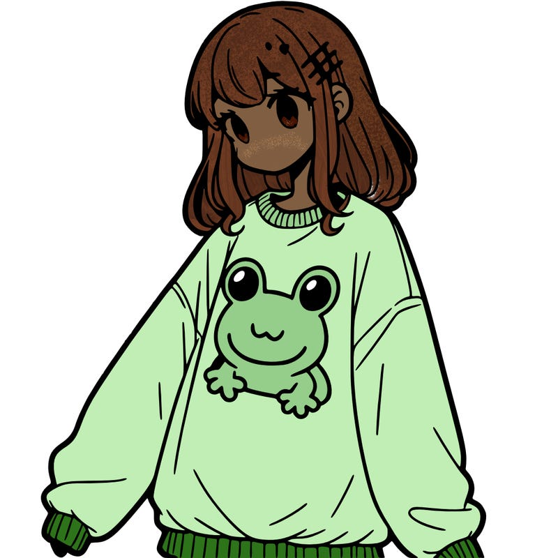 girl wearing frogging sweatshirt