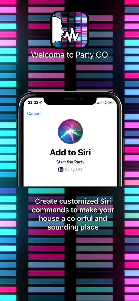 PartyGO for Philips Hue Lights - 필립스 휴를 위한 PartyGO 앱에 '파티 시작' Siri 단축어를 추가하는 설정 화면