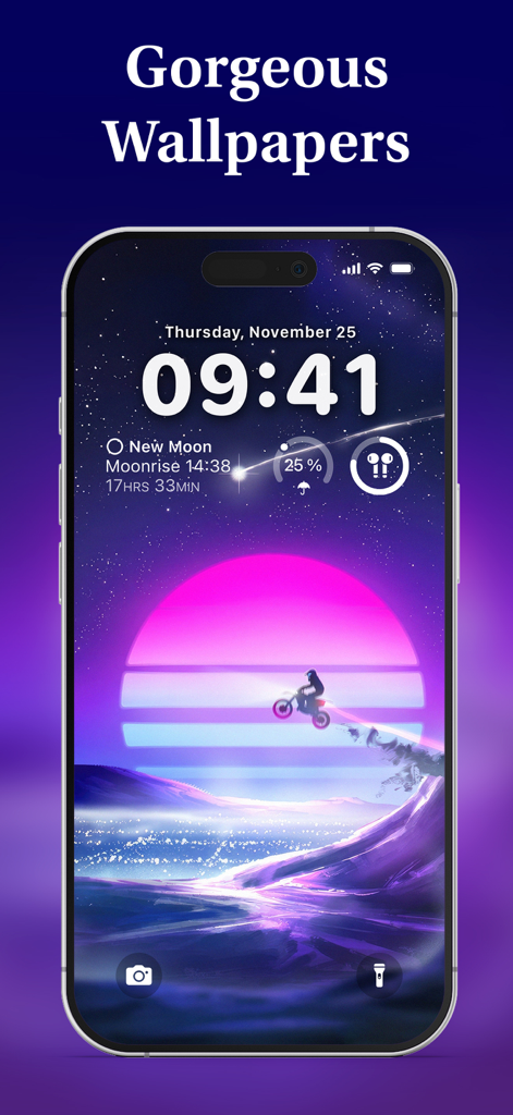 Un smartphone affichant un fond d'écran esthétique synthwave avec un soleil rose et un motard