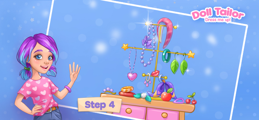 Ragazza che mostra il Passaggio 4 con un espositore di gioielli pieno di accessori colorati nel gioco Doll Tailor