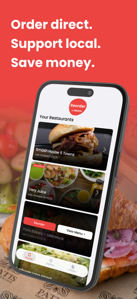 Sauce Reorder - Mobile phone screen showing the Sauce Reorder app interface with local restaurant listings.
