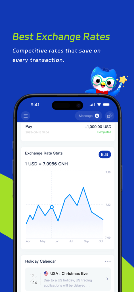 Epay Wallet（易派钱包） - Interfaccia dell'app Epay Wallet che mostra un grafico in tempo reale del tasso di cambio USD-CNH e un calendario festivo per la pianificazione finanziaria.
