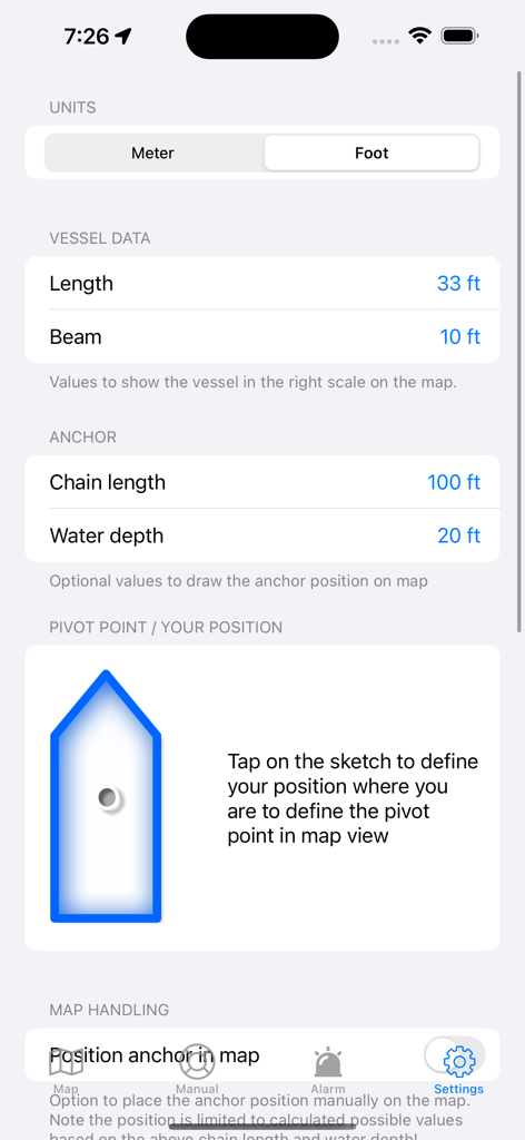 Anchor Alarm - Anchor Watch - Settings screen for the Anchor Watch app showing vessel dimensions and anchor configuration