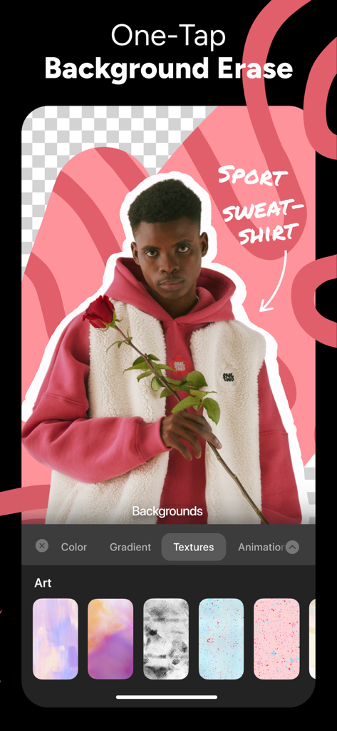 Ein mobiler Bildschirm, der das Ein-Tippen-Werkzeug zum Entfernen des Hintergrunds zeigt, um ästhetische Social-Media-Stories und Reels zu erstellen.