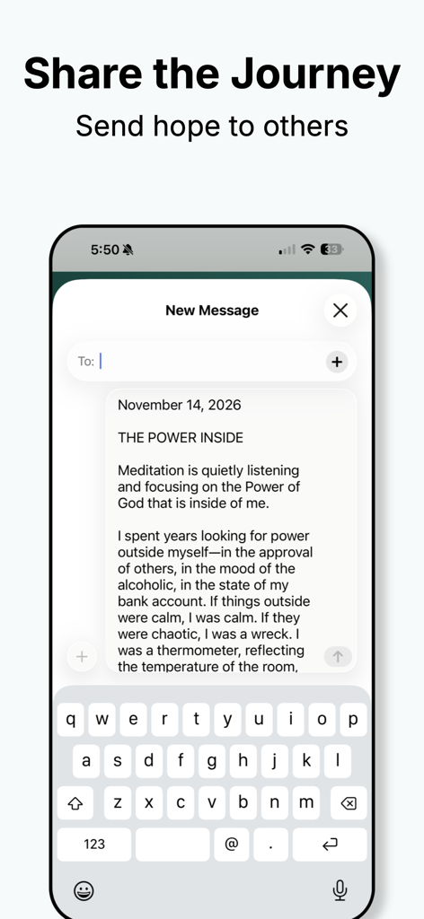 Al-Anon Daily Paths - Mobile screen showing the feature to share a daily Al-Anon reflection via text message