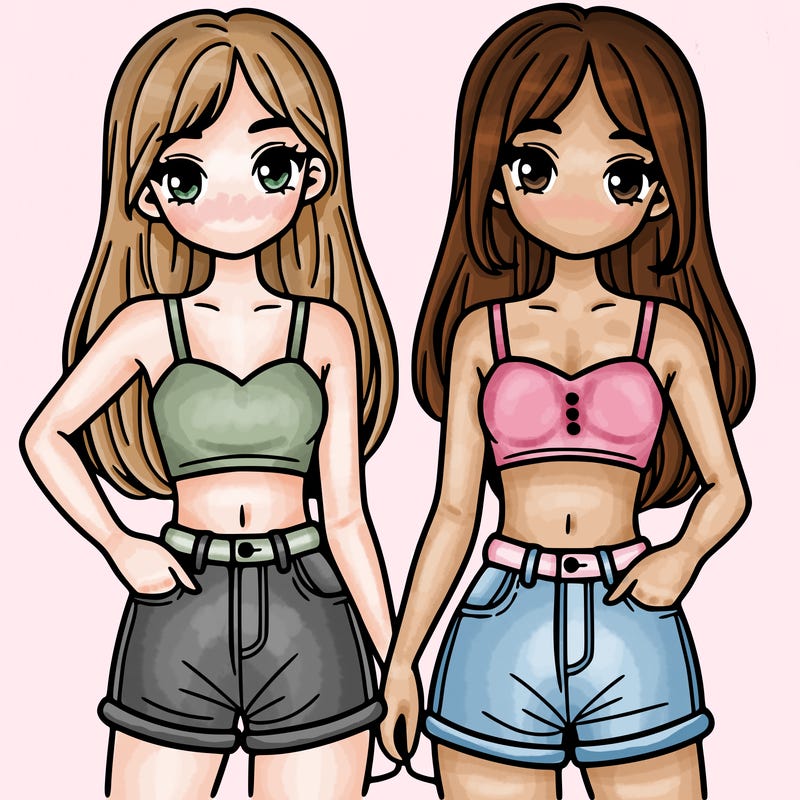 two sisters with crop tops and jean shorts and straight hair