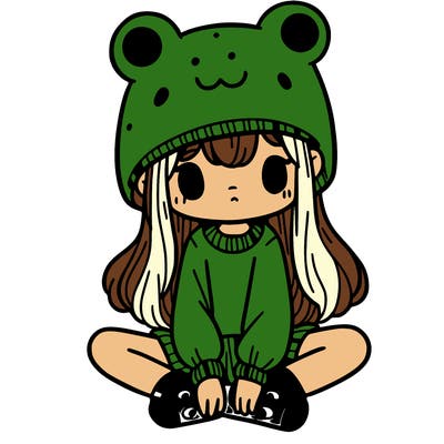 a girl wearing a frog hat and some frog socks