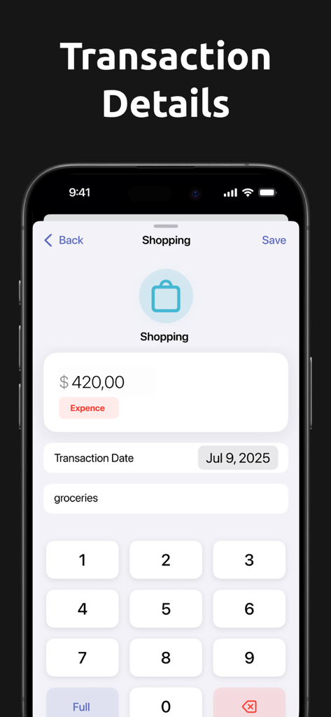 Budget Planer und Tracker App-Oberfläche, die einen Transaktionseintragsbildschirm für eine Lebensmittelrechnung von 420 Dollar anzeigt