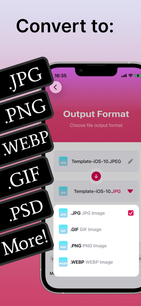 Image Converter: PDF JPG PNG - Mobile app interface showing image conversion options for JPG PNG WEBP and GIF formats
