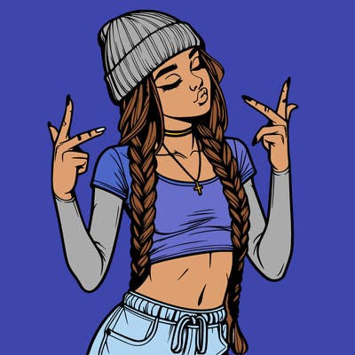 realistic teenage girl with braids and a beanie and crop top doing 🫶🏼