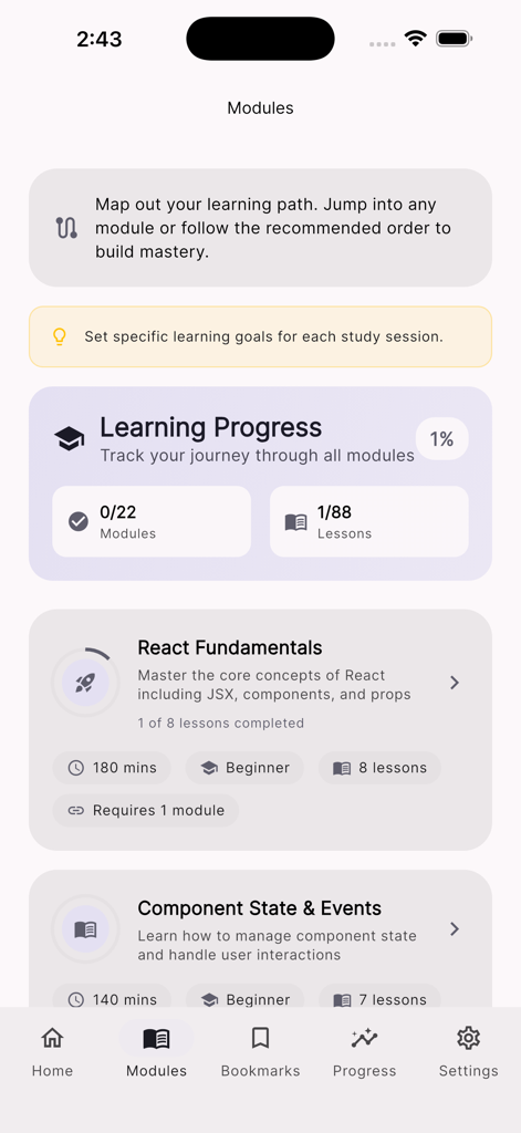 Dashboard der App Lerne React JS programmieren, das den Lernfortschritt und Lehrpläne wie React-Grundlagen anzeigt
