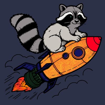 realistic raccoon flying on top rocket ship